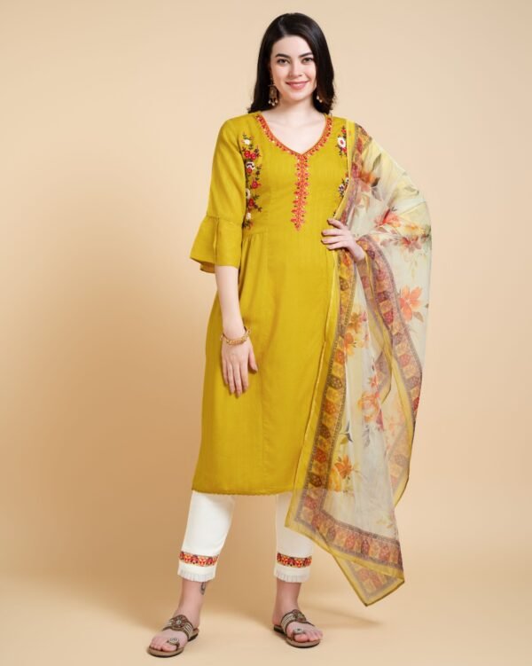 Women's Mustard Yellow Embroidered Kurta Set with Printed Dupatta