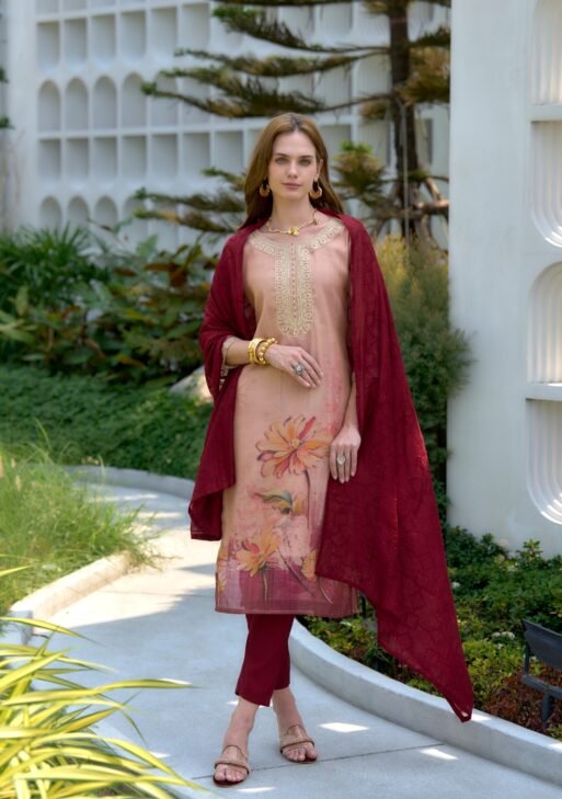 Women's Peach & Maroon Floral Embroidered Kurta Set with Dupatta