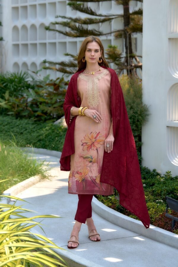Women's Peach & Maroon Floral Embroidered Kurta Set with Dupatta