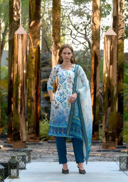 Women's White & Blue Floral Printed Kurta Set with Dupatta