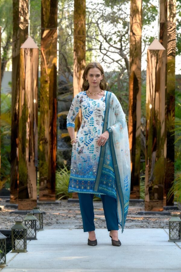 Women's White & Blue Floral Printed Kurta Set with Dupatta