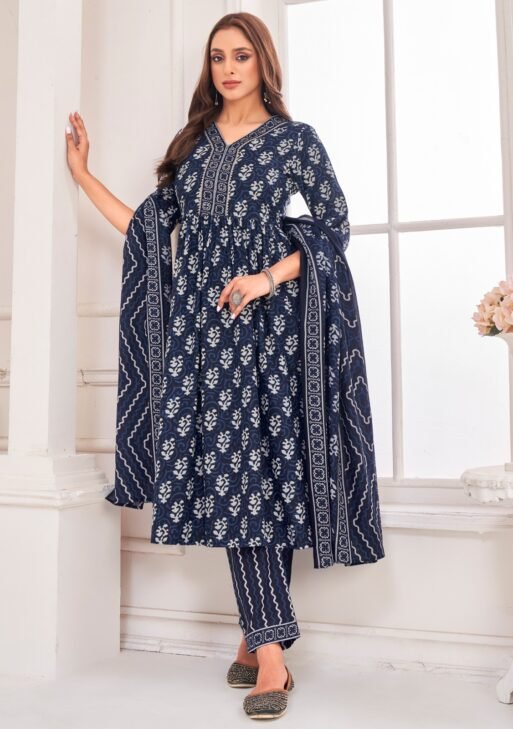 Women's Navy Blue Ethnic Printed Anarkali Kurta Set with Dupatta