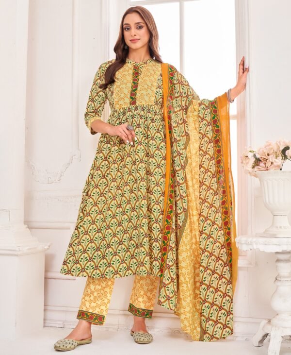 Women's Yellow Green Ethnic Printed Anarkali Kurta Set with Dupatta