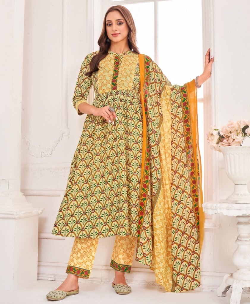 Women's Yellow Green Ethnic Printed Anarkali Kurta Set with Dupatta