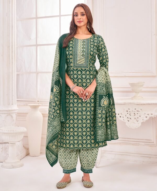 Women's Dark Green Printed Kurta Set with Patiala Pant & Dupatta
