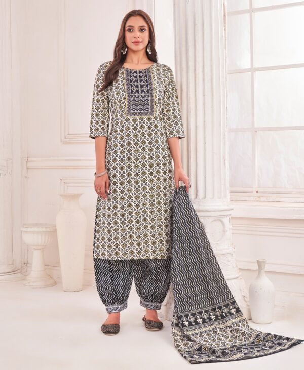 Women's Black & Off-White Printed Kurta Set with Patiala Pant & Dupatta