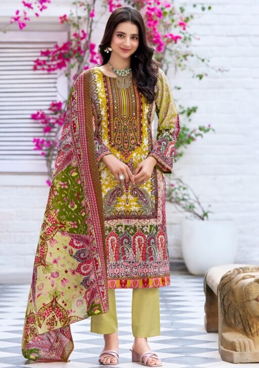 Women's Yellow & Olive Green Ethnic Printed Kurta Set with Dupatta