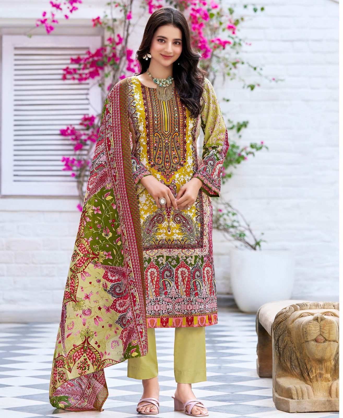 Women's Yellow & Olive Green Ethnic Printed Kurta Set with Dupatta