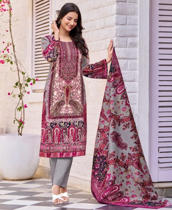 Women's Pink & Grey Ethnic Printed Kurta Set with Dupatta