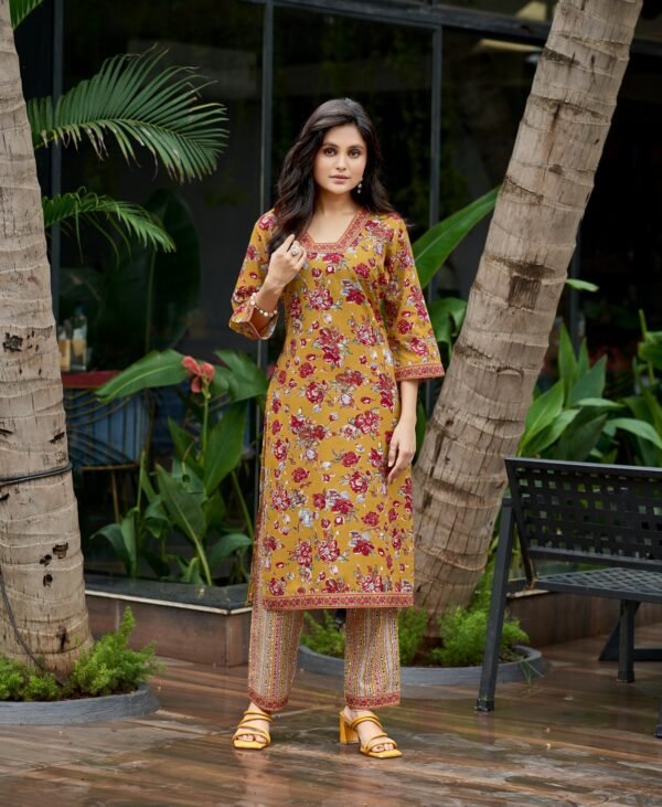 Women's Mustard Floral Printed Kurta Set with Striped Pant