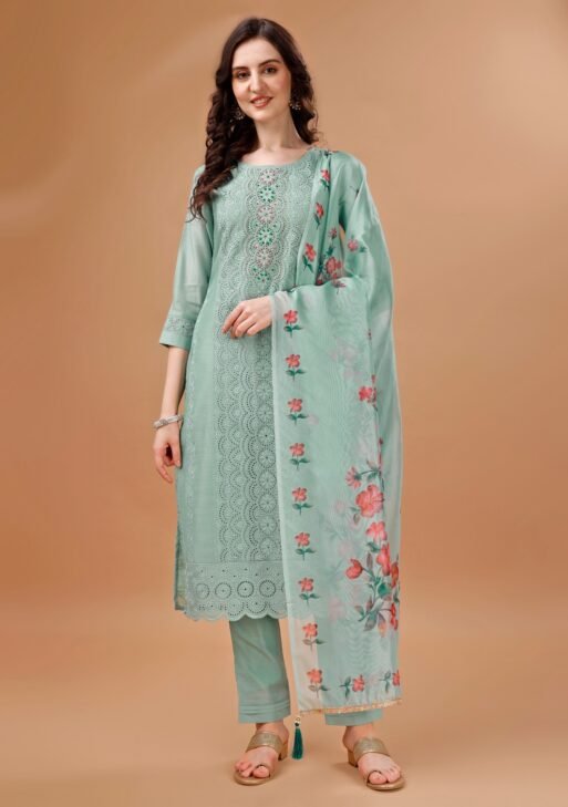 Women's Mint Green Embroidered Kurta Set with Floral Printed Dupatta