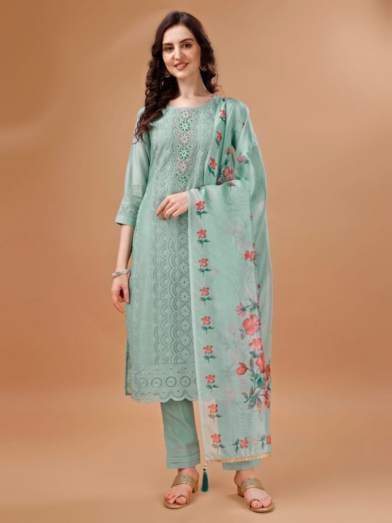 Women's Mint Green Embroidered Kurta Set with Floral Printed Dupatta