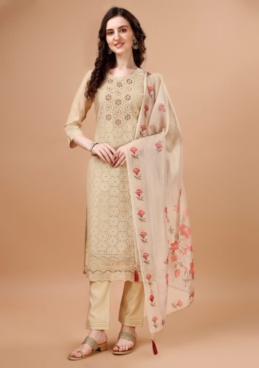 Women’s Beige Embroidered Straight Kurta Set with Floral Printed Dupatta