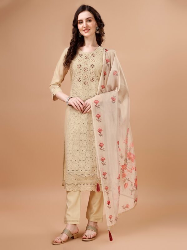 Women’s Beige Embroidered Straight Kurta Set with Floral Printed Dupatta