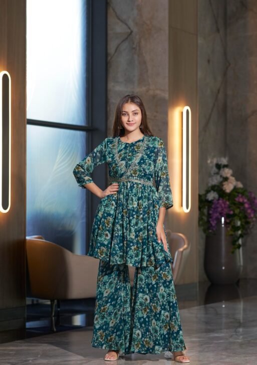 Women's Teal Blue Floral Printed Peplum Kurta with Palazzo Pant