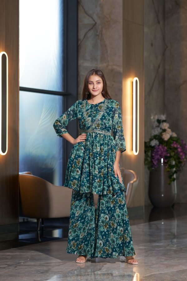 Women's Teal Blue Floral Printed Peplum Kurta with Palazzo Pant
