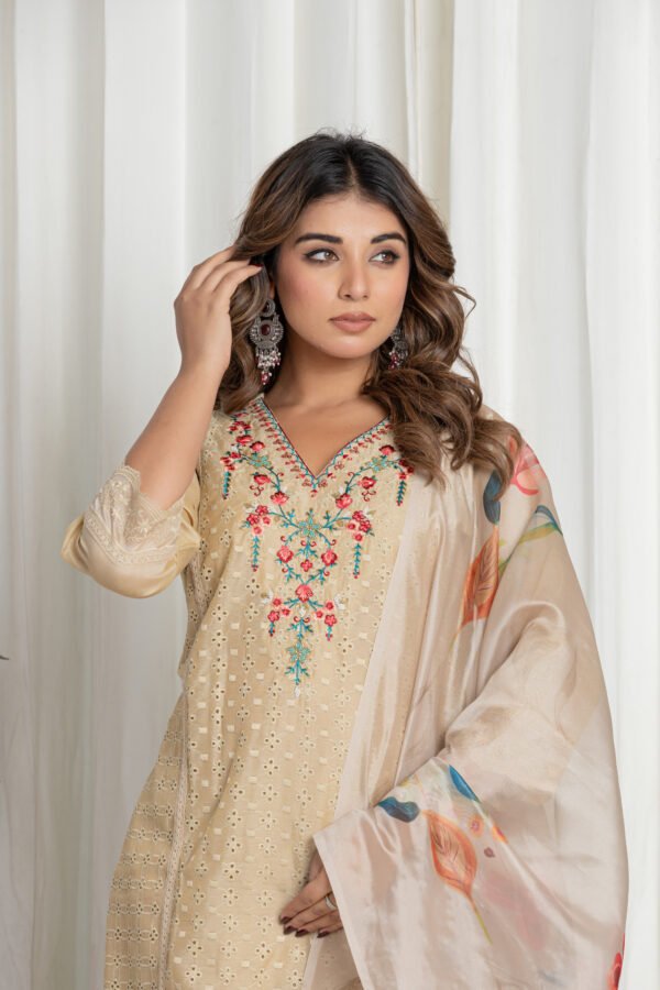 Women's Beige Chikankari Embroidered Cotton Suit Set with Organza Floral Dupatta