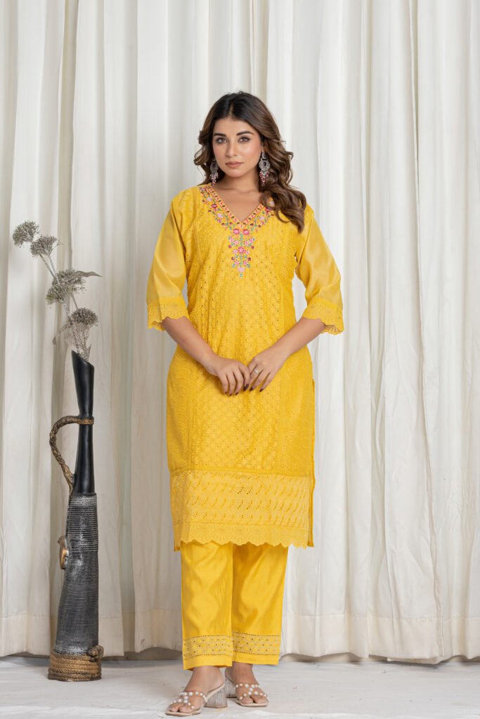 Women's Mustard Yellow Chikankari Embroidered Cotton Suit Set with Floral Dupatta