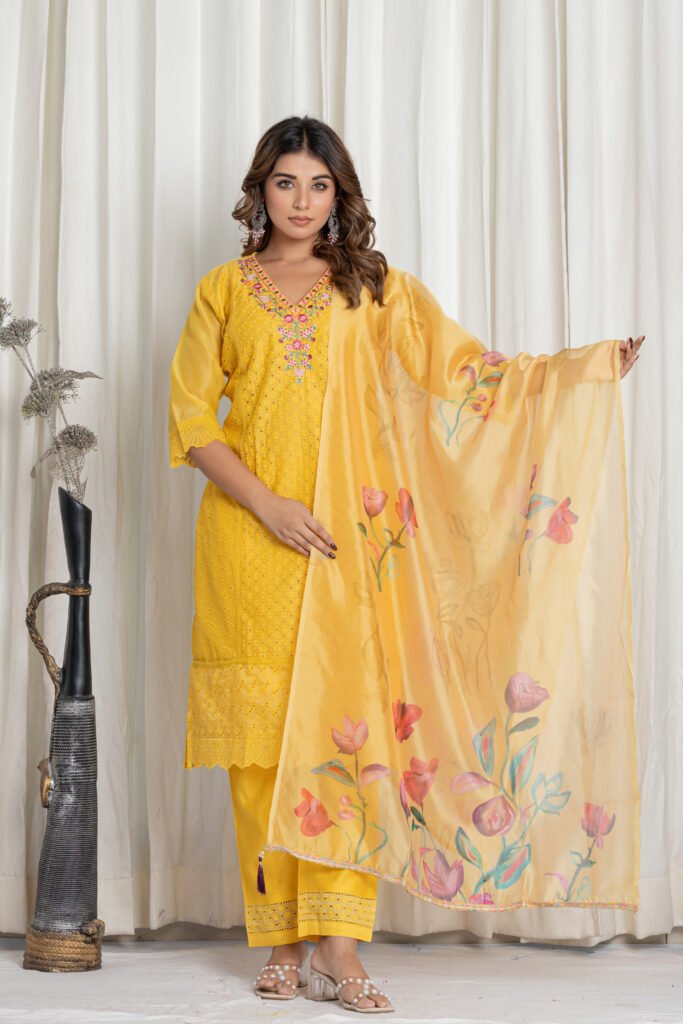 Women's Mustard Yellow Chikankari Embroidered Cotton Suit Set with Floral Dupatta