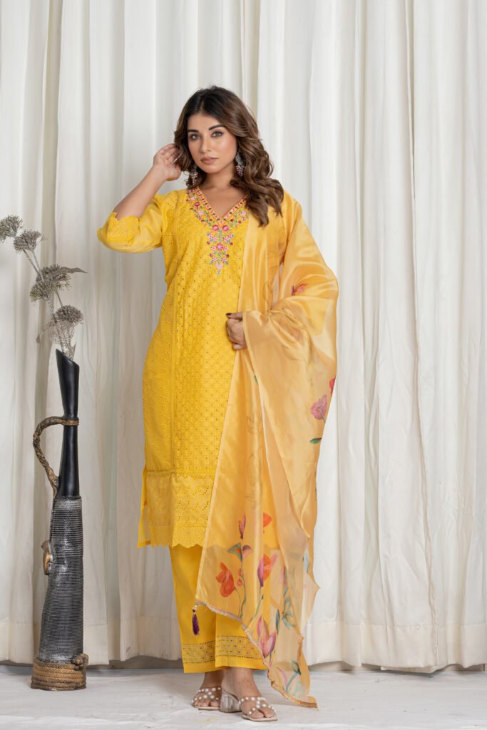 Women's Mustard Yellow Chikankari Embroidered Cotton Suit Set with Floral Dupatta