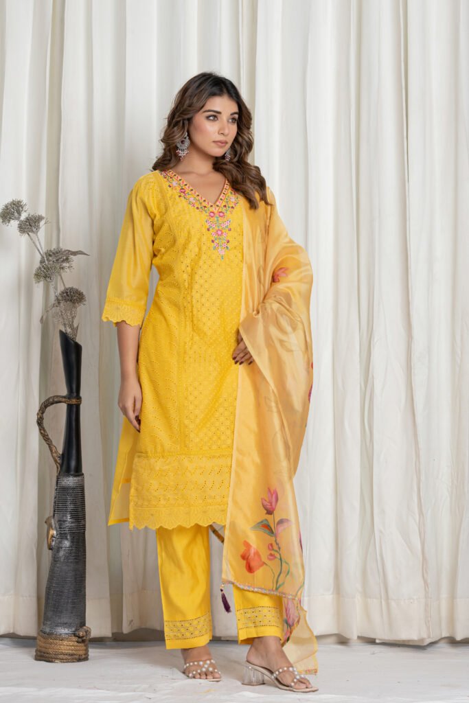 Women's Mustard Yellow Chikankari Embroidered Cotton Suit Set with Floral Dupatta