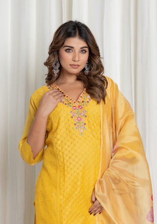 Women's Mustard Yellow Chikankari Embroidered Cotton Suit Set with Floral Dupatta