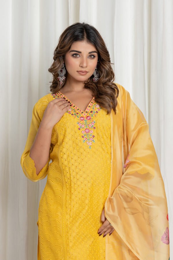 Women's Mustard Yellow Chikankari Embroidered Cotton Suit Set with Floral Dupatta