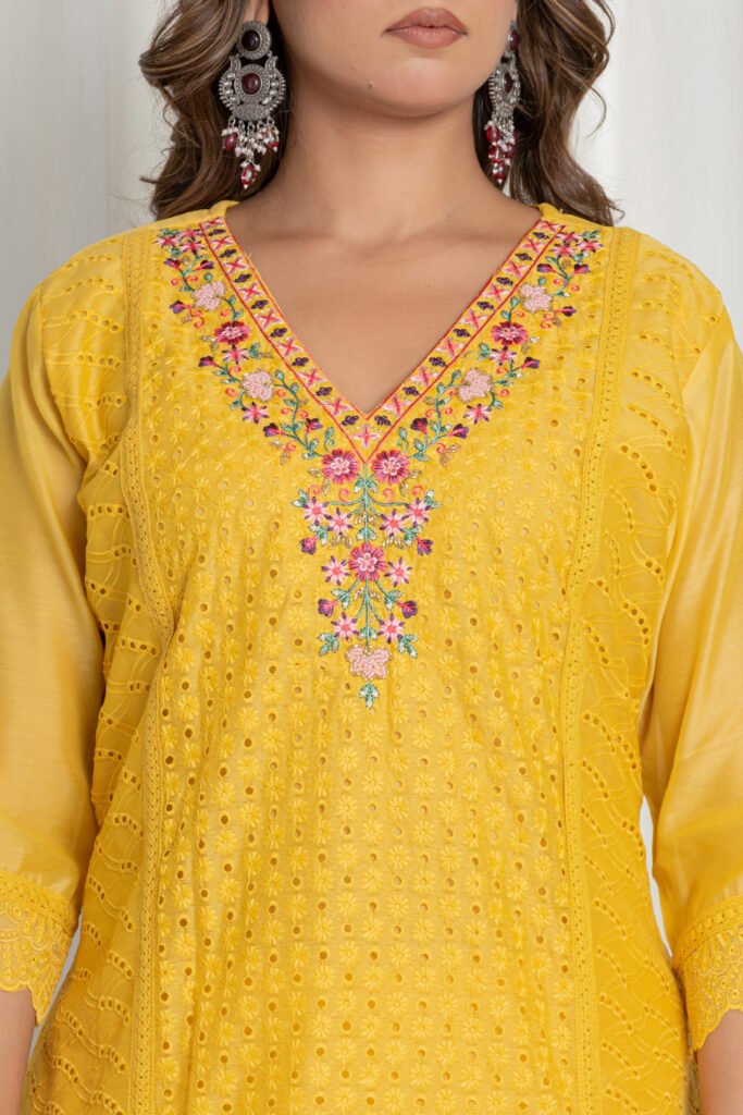 Women's Mustard Yellow Chikankari Embroidered Cotton Suit Set with Floral Dupatta