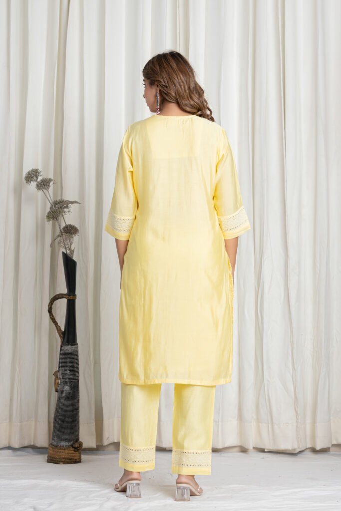 Women's Lemon Yellow Chikankari Embroidered Pure Cotton Suit Set with Designer Lace Dupatta