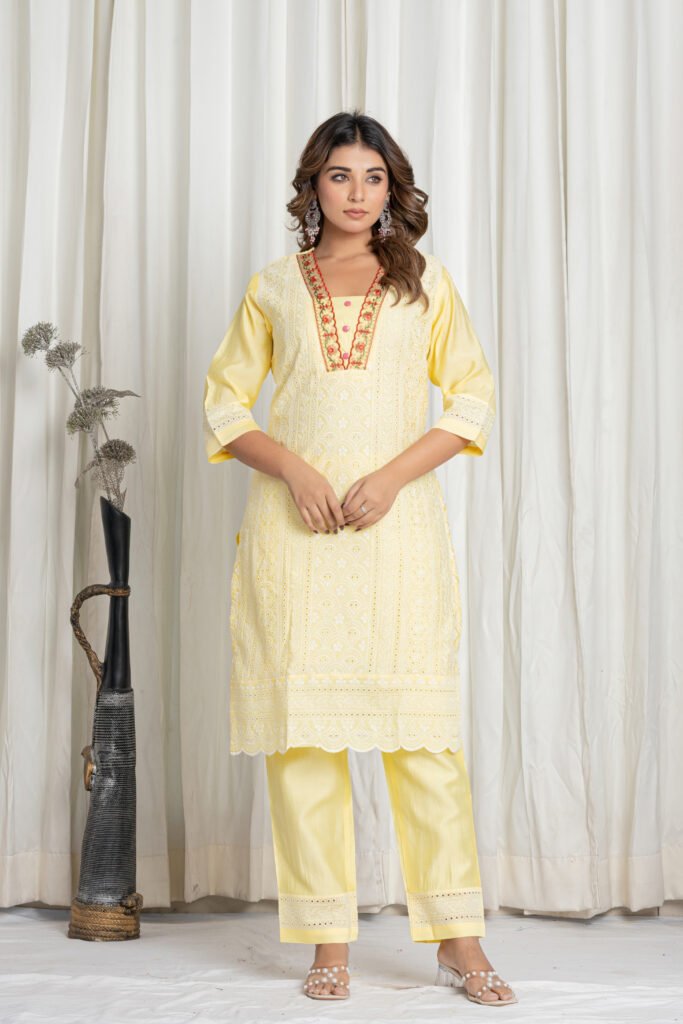 Women's Lemon Yellow Chikankari Embroidered Pure Cotton Suit Set with Designer Lace Dupatta