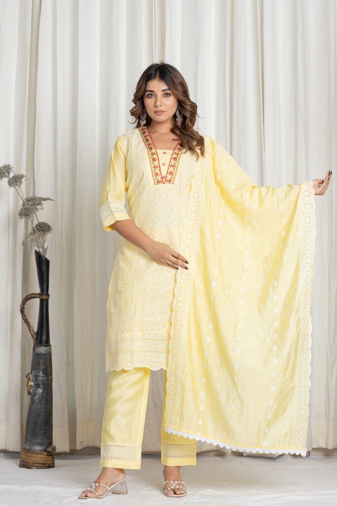 Women's Lemon Yellow Chikankari Embroidered Pure Cotton Suit Set with Designer Lace Dupatta