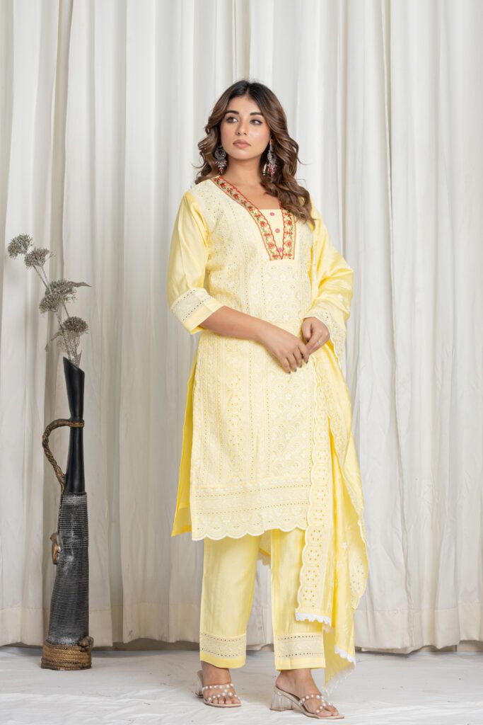 Women's Lemon Yellow Chikankari Embroidered Pure Cotton Suit Set with Designer Lace Dupatta