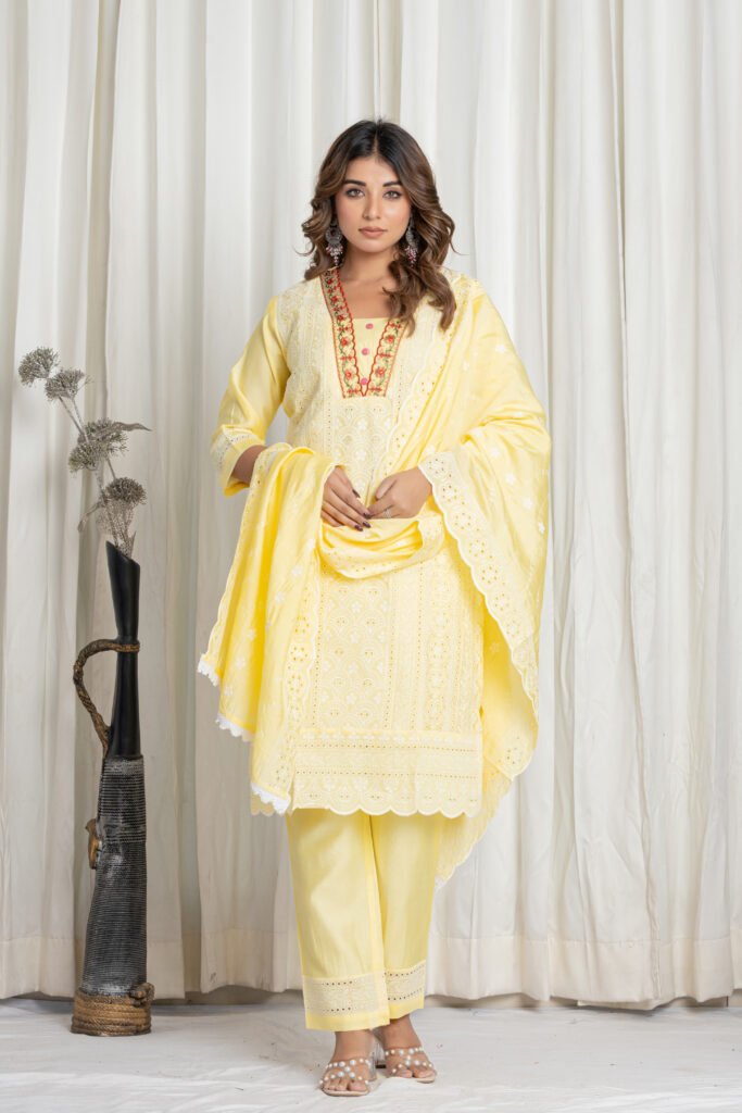 Women's Lemon Yellow Chikankari Embroidered Pure Cotton Suit Set with Designer Lace Dupatta