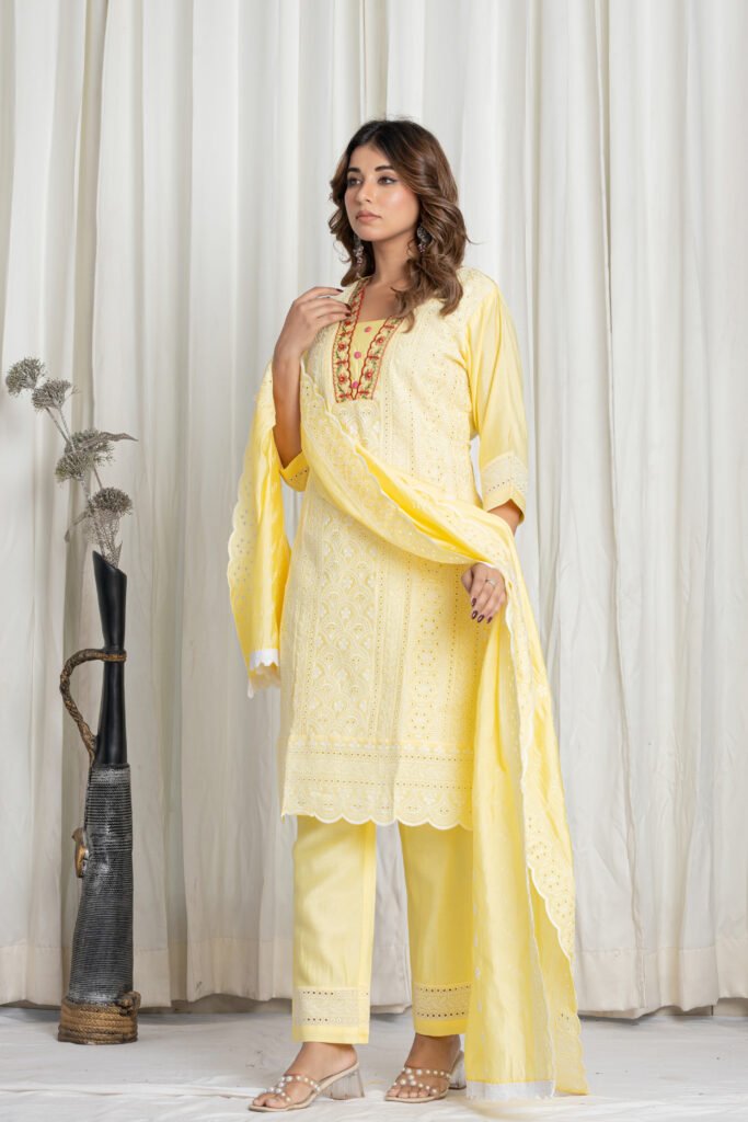Women's Lemon Yellow Chikankari Embroidered Pure Cotton Suit Set with Designer Lace Dupatta