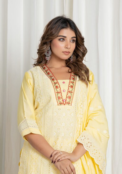 Women's Lemon Yellow Chikankari Embroidered Pure Cotton Suit Set with Designer Lace Dupatta