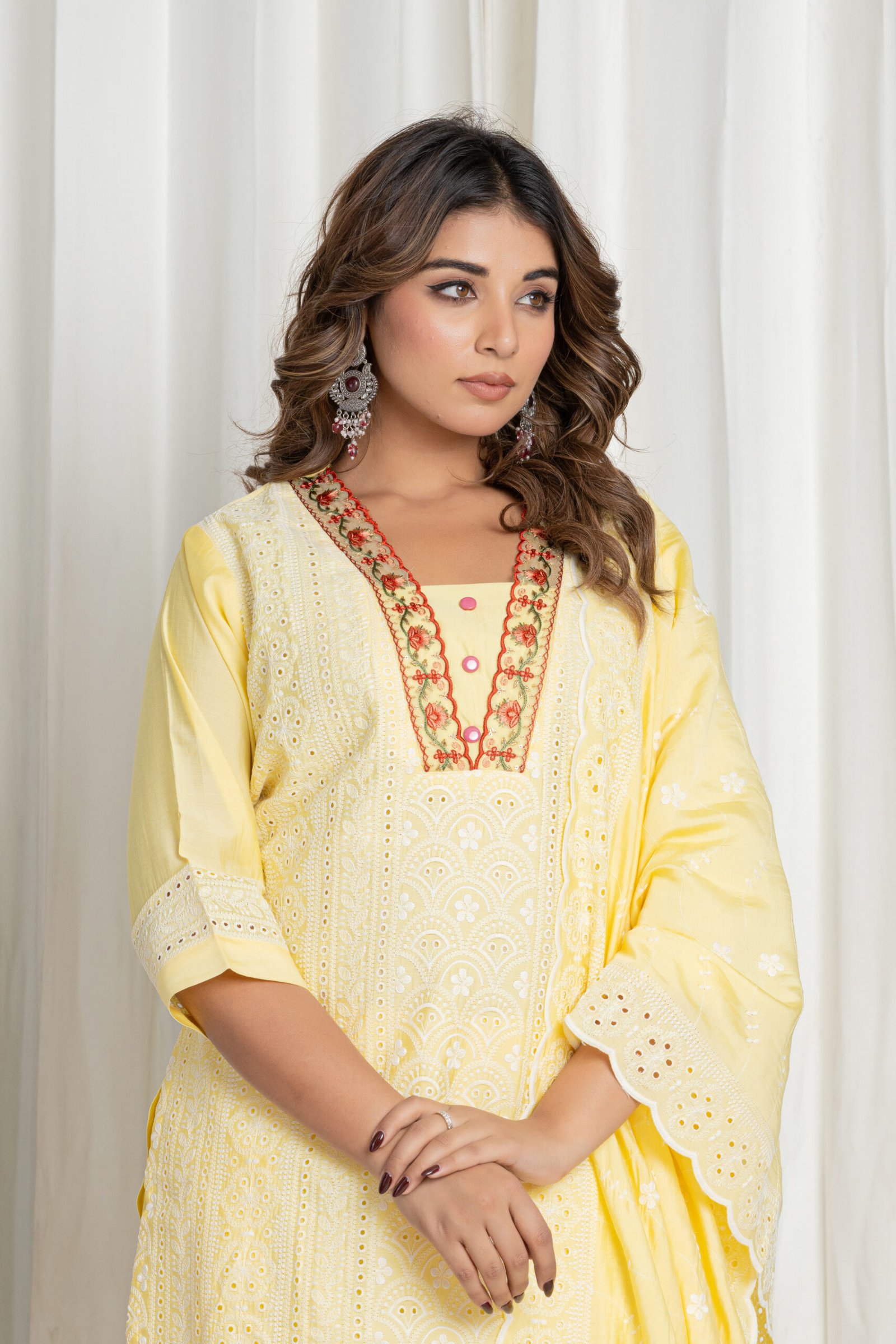 Women's Lemon Yellow Chikankari Embroidered Pure Cotton Suit Set with Designer Lace Dupatta
