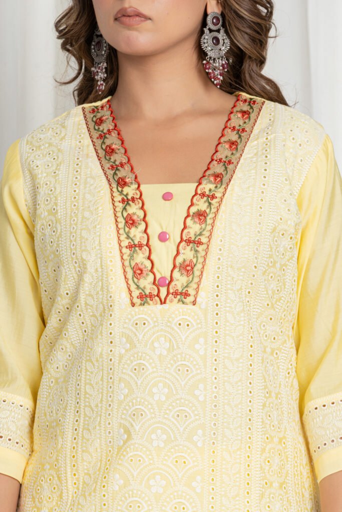 Women's Lemon Yellow Chikankari Embroidered Pure Cotton Suit Set with Designer Lace Dupatta