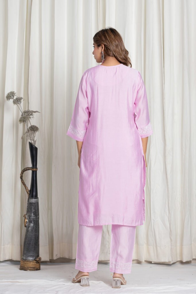 Women's Light Lavender Chikankari Embroidered Cotton Suit Set with Designer Floral Lace Dupatta