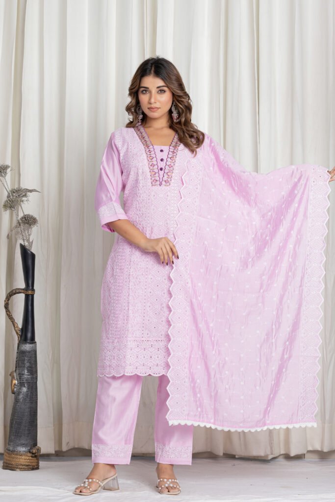 Women's Light Lavender Chikankari Embroidered Cotton Suit Set with Designer Floral Lace Dupatta