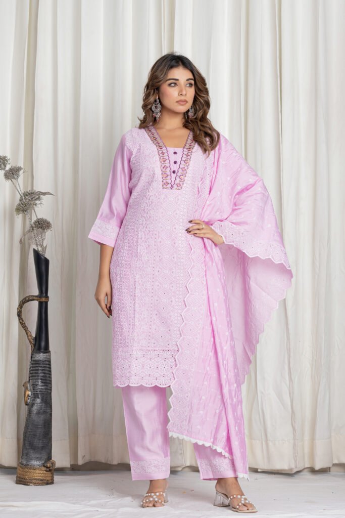 Women's Light Lavender Chikankari Embroidered Cotton Suit Set with Designer Floral Lace Dupatta