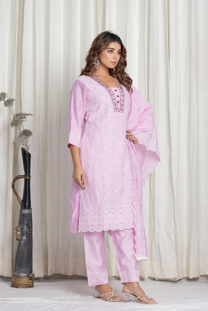 Women's Light Lavender Chikankari Embroidered Cotton Suit Set with Designer Floral Lace Dupatta