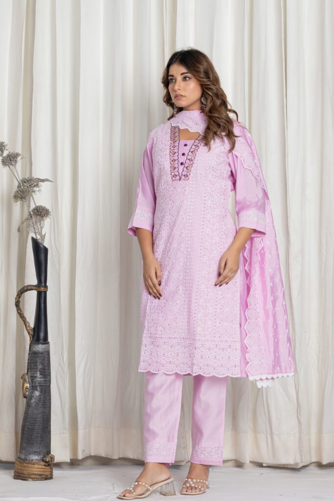 Women's Light Lavender Chikankari Embroidered Cotton Suit Set with Designer Floral Lace Dupatta