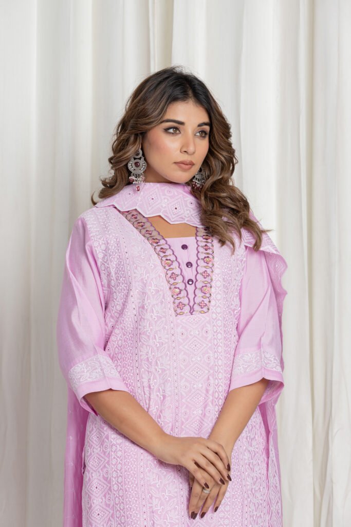 Women's Light Lavender Chikankari Embroidered Cotton Suit Set with Designer Floral Lace Dupatta