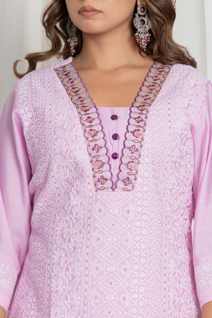 Women's Light Lavender Chikankari Embroidered Cotton Suit Set with Designer Floral Lace Dupatta