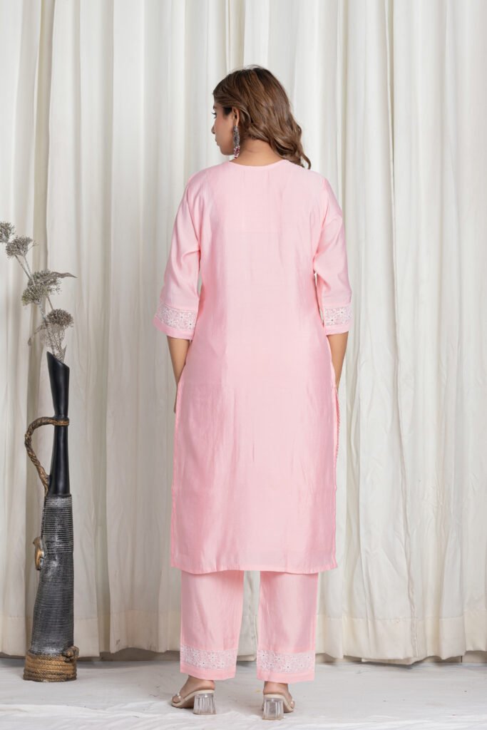 Women's Baby Pink Chikankari Embroidered Cotton Suit Set with Designer Scallop Lace Dupatta