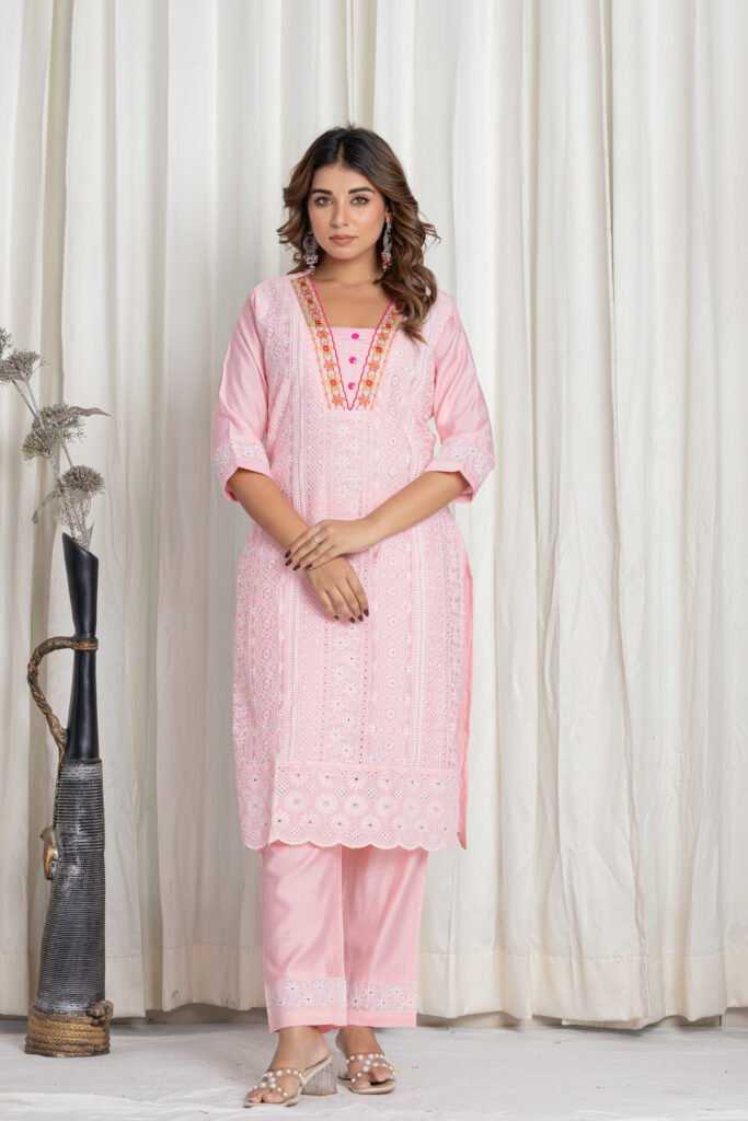 Women's Baby Pink Chikankari Embroidered Cotton Suit Set with Designer Scallop Lace Dupatta