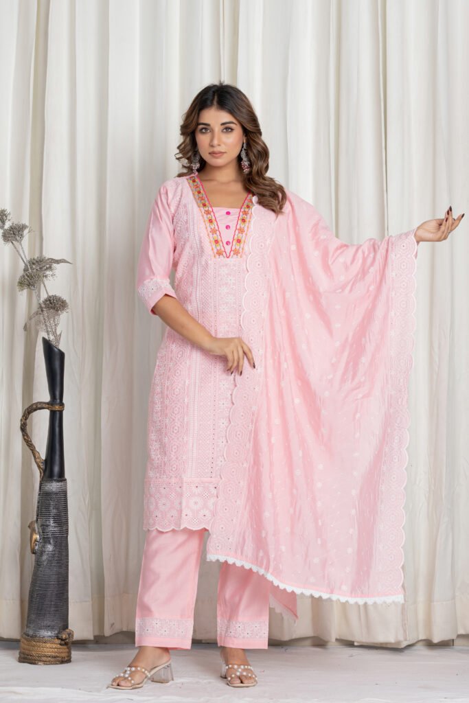 Women's Baby Pink Chikankari Embroidered Cotton Suit Set with Designer Scallop Lace Dupatta