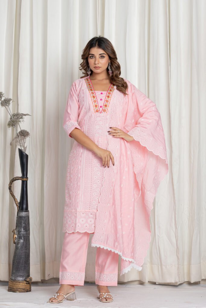 Women's Baby Pink Chikankari Embroidered Cotton Suit Set with Designer Scallop Lace Dupatta