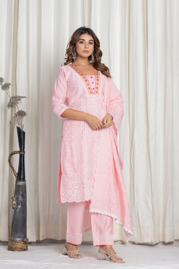 Women's Baby Pink Chikankari Embroidered Cotton Suit Set with Designer Scallop Lace Dupatta