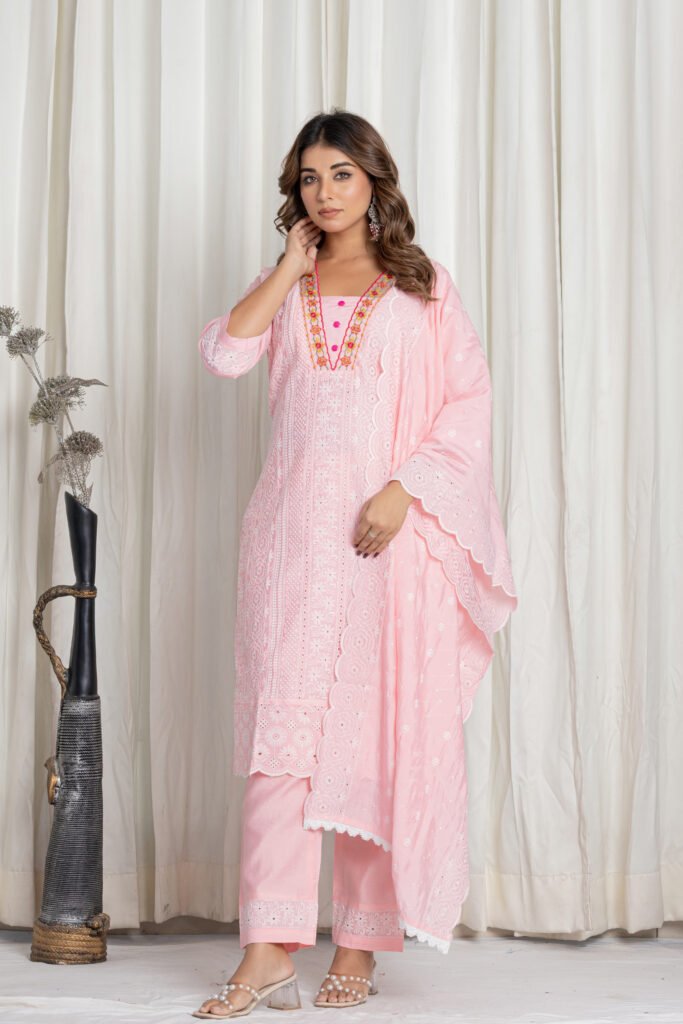 Women's Baby Pink Chikankari Embroidered Cotton Suit Set with Designer Scallop Lace Dupatta